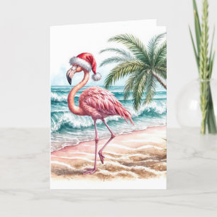 Christmas Flamingo With Santa Cap Card