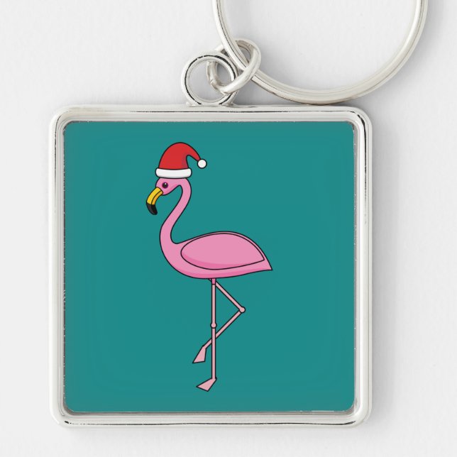 Christmas Flamingo with Santa Hat Key Ring (Front)