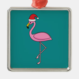 Christmas Flamingo with Santa Hat Metal Ornament