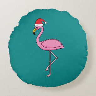 Christmas Flamingo with Santa Hat Round Cushion
