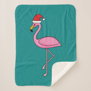 Christmas Flamingo with Santa Hat Sherpa Blanket