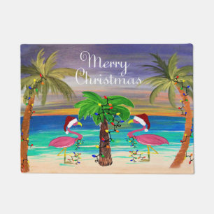 Christmas flamingos and palm trees coastal  doormat