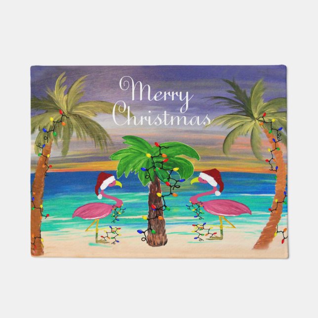 Christmas flamingos and palm trees coastal  doormat (Front)