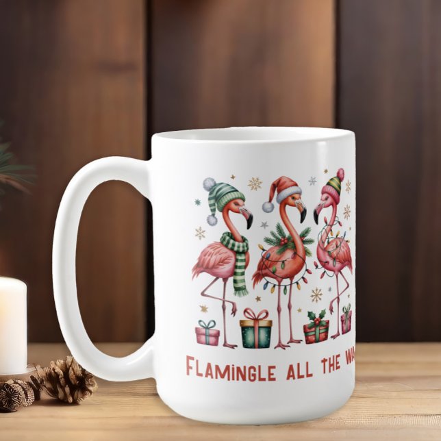 Christmas Flamingos Flamingle All The Way  Coffee Mug ("Flamingle all the way" funny three flamingos Christmas coffee mug)