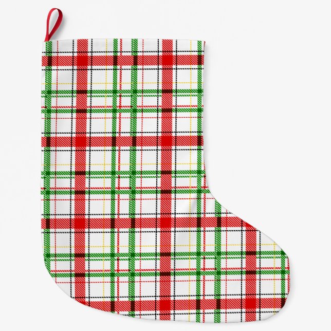 Christmas Flannel Plaid Tartan Design - White  Large Christmas Stocking (Front)