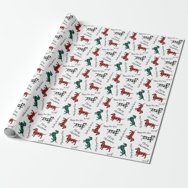 Christmas Flannel Red and Green Dachshunds Wrapping Paper (Unrolled)
