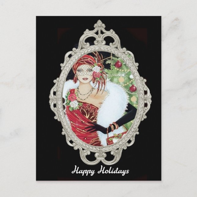 Christmas Flapper Girl Dazzling Red & Gold Dress  Postcard (Front)