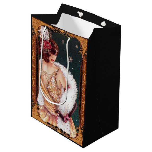Christmas Flapper Girl in a Gold Glittery Dress  Medium Gift Bag (Front Angled)