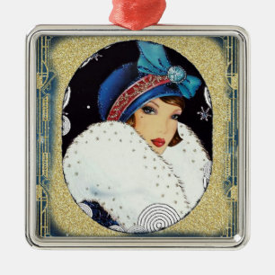 Christmas Flapper Girl Large White Fur Coat Metal Ornament
