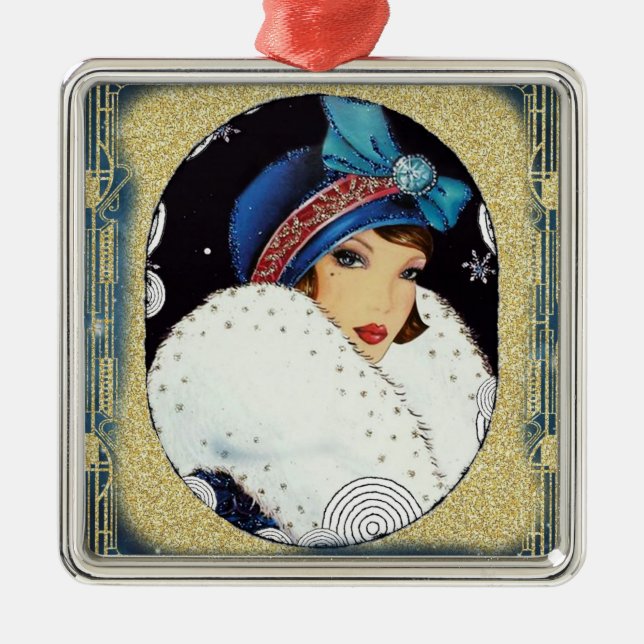 Christmas Flapper Girl Large White Fur Coat Metal Ornament (Front)
