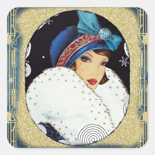 Christmas Flapper Girl Large White Fur Coat Square Sticker (Front)