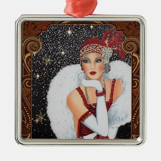 Christmas Flapper Girl Star-Drenched Night Sky Metal Ornament (Front)
