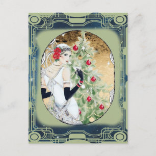 Christmas Flapper Girl With Drink and Tree Postcard