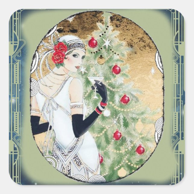 Christmas Flapper Girl With Drink and Tree Square Sticker (Front)