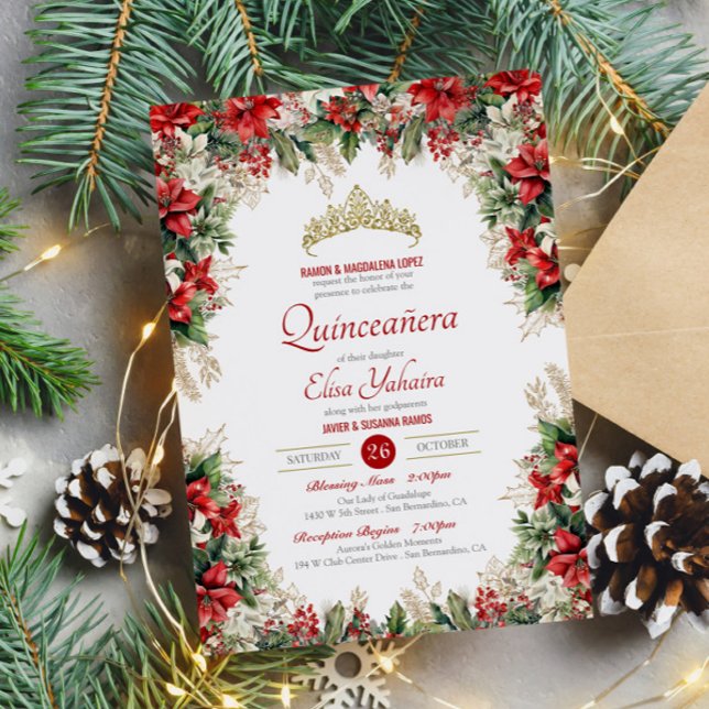 Christmas Flor de Pascua Red Holiday Quinceanera Invitation (Creator Uploaded)