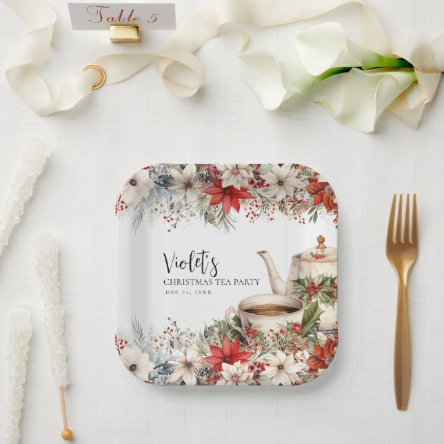 Christmas Floral Afternoon Tea Holiday Party Paper Plate (Wedding)