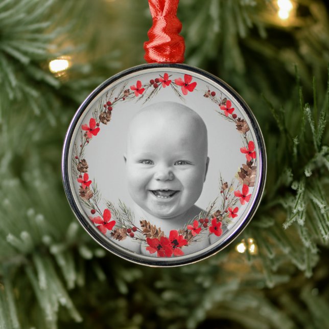 Christmas Floral and Pine - Babies Photo Metal Ornament (Tree)