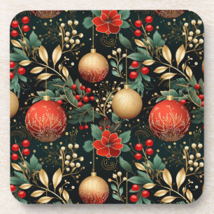 Christmas Floral Berry Gold Red Ornament Coaster