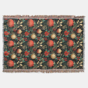 Christmas Floral Berry Gold Red Ornament   Throw Blanket