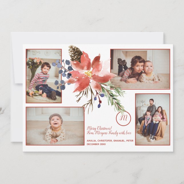 Christmas Floral Bouquet Monogram Photo Collage Holiday Card (Front)