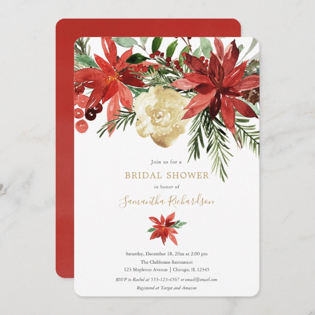 Christmas floral burgundy gold ivory bridal shower invitation (Front/Back)