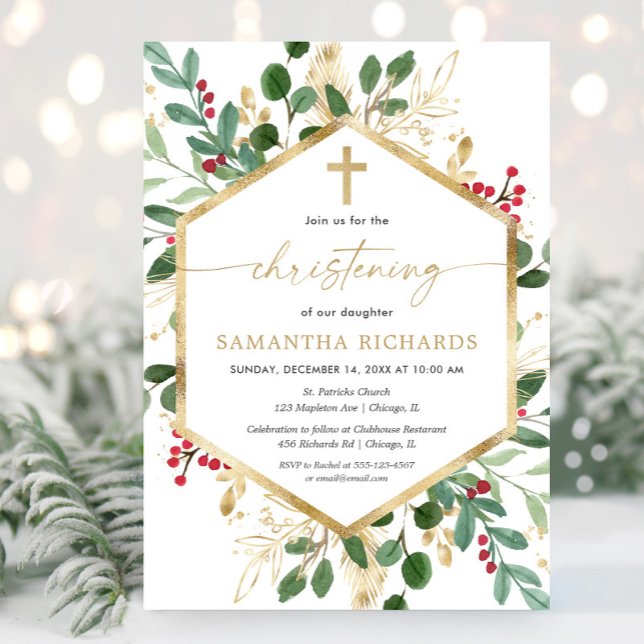 Christmas floral Christening red greenery gold Invitation (Creator Uploaded)