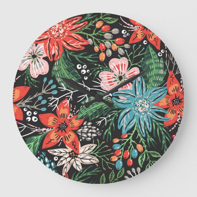 Christmas Floral Colourful Pattern Large Clock (Front)