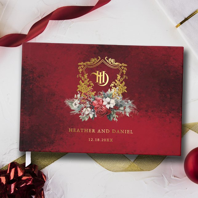 Christmas Floral Crest Monogram Wedding Guest Book (Creator Uploaded)
