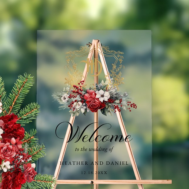 Christmas Floral Crest Monogram Wedding Welcome Acrylic Sign (Creator Uploaded)