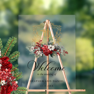 Christmas Floral Crest Monogram Wedding Welcome Acrylic Sign