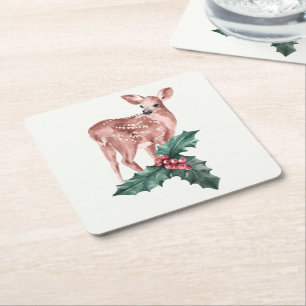 Christmas Floral Deer Winter Country Wedding Square Paper Coaster
