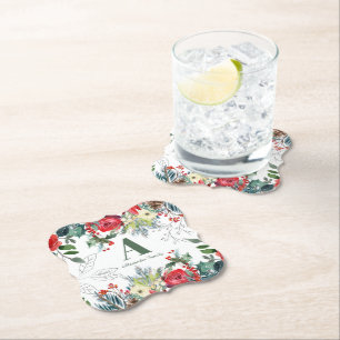 Christmas floral family elegant green monogrammed paper coaster