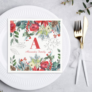 Christmas floral family elegant red monogrammed napkin