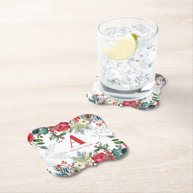 Christmas floral family elegant red monogrammed paper coaster (Insitu)
