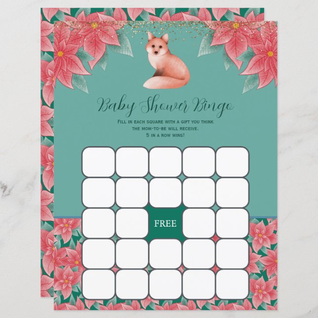 Christmas Floral Fox Baby Shower Bingo Game (Front/Back)