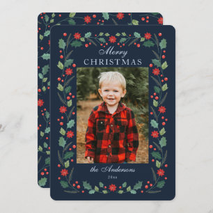 Christmas floral Frame Photo Navy Holiday Card