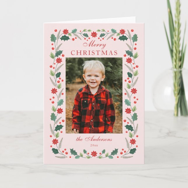 Christmas floral Frame Photo Pink Holiday Card (Front)