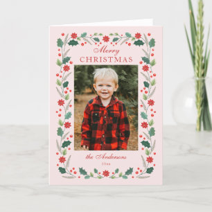 Christmas floral Frame Photo Pink Holiday Card