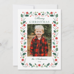 Christmas floral Frame Photo White Holiday Card