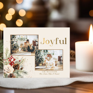 Christmas Floral Gold Joyful Text 2-Photo  Holiday Postcard