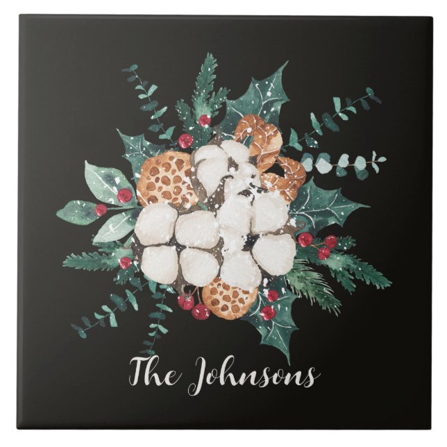 Christmas Floral Greenery Ceramic Tile (Front)