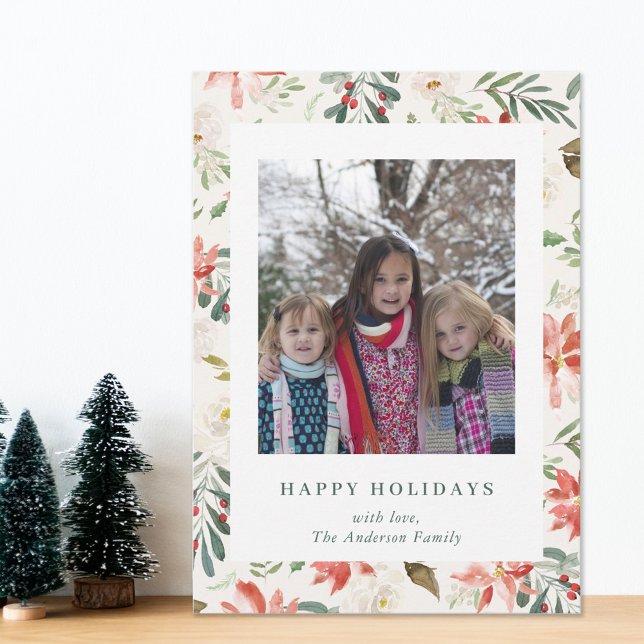 Christmas Floral Happy Holidays Family Photo Beige Holiday Card (Creator Uploaded)