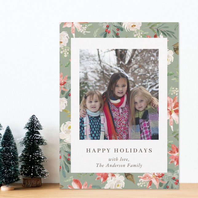 Christmas Floral Happy Holidays Family Photo Sage Holiday Card (Creator Uploaded)