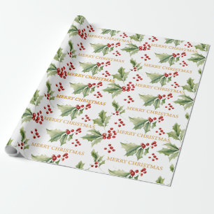 Christmas Floral Holly Red Berries Wrapping Paper