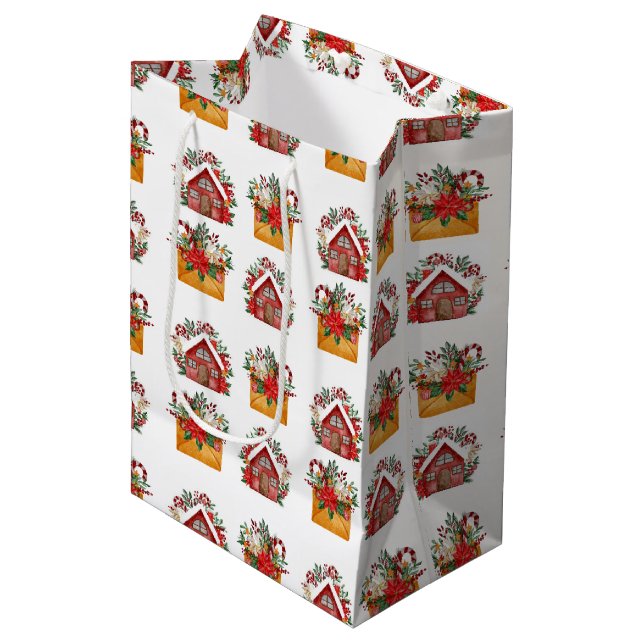 Christmas floral house and envelope pattern  medium gift bag (Front Angled)