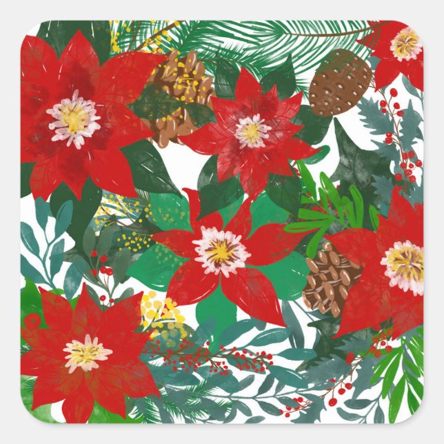Christmas Floral Leaf Art Square Sticker (Front)