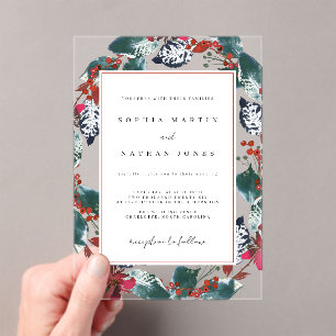Christmas Floral Leaf Modern Clear Wedding Acrylic Invitations
