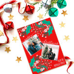 Christmas Floral Leaves Editable Christmas Photo Holiday Card<br><div class="desc">This festive and modern Christmas Holiday greeting card is perfect for any family or couple. It features green and white illustrations of ivy leaves, holly berries, flowers, and leaves on top of a simple bright red background. It also includes two feature photos for family or couple pictures. It's pretty, elegant,...</div>