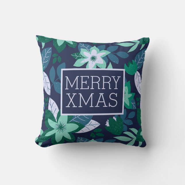 Christmas Floral Merry Xmas Holiday Cushion (Front)