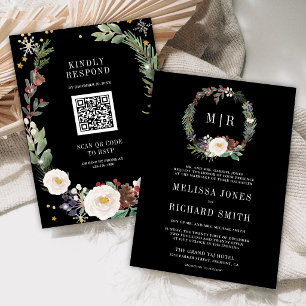 Christmas Floral Monogram QR Code Black Wedding Invitation